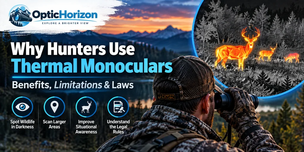 Hunter using a thermal monocular to spot deer at dusk