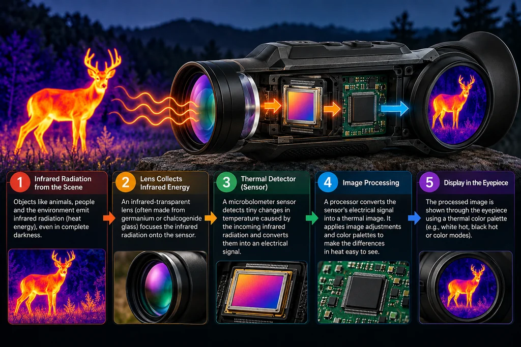 Diagram showing how infrared energy travels through a thermal monocular