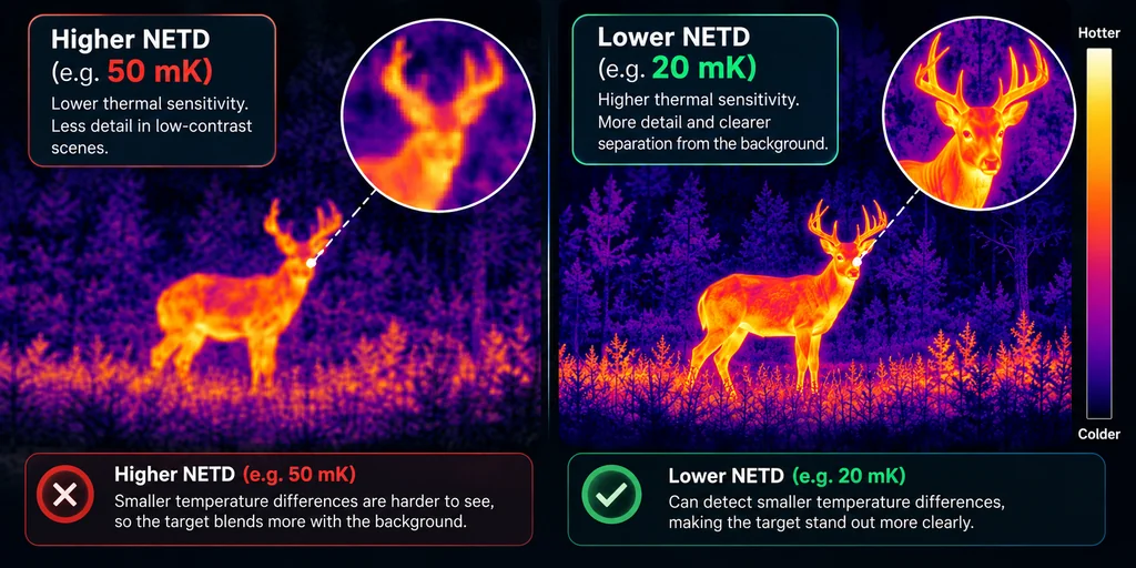Comparison showing how thermal sensitivity affects subtle temperature contrast