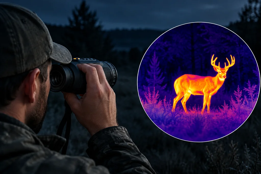 Person viewing a deer through a thermal monocular at night