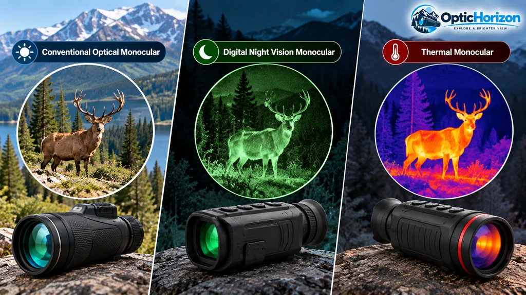 Comparison of conventional optical, digital night vision and thermal monoculars