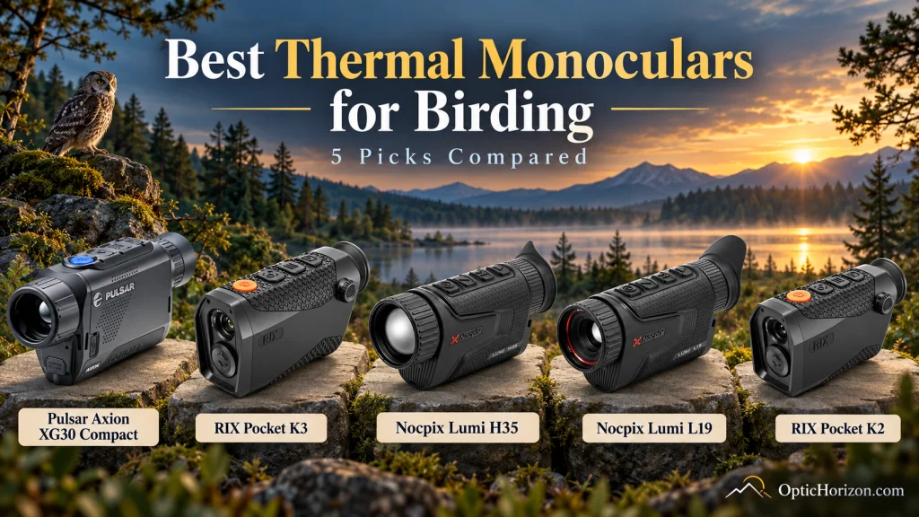 Five thermal monoculars for birding displayed against a woodland lake backdrop: Pulsar Axion XG30 Compact, RIX Pocket K3, Nocpix Lumi H35, Nocpix Lumi L19 and RIX Pocket K2.