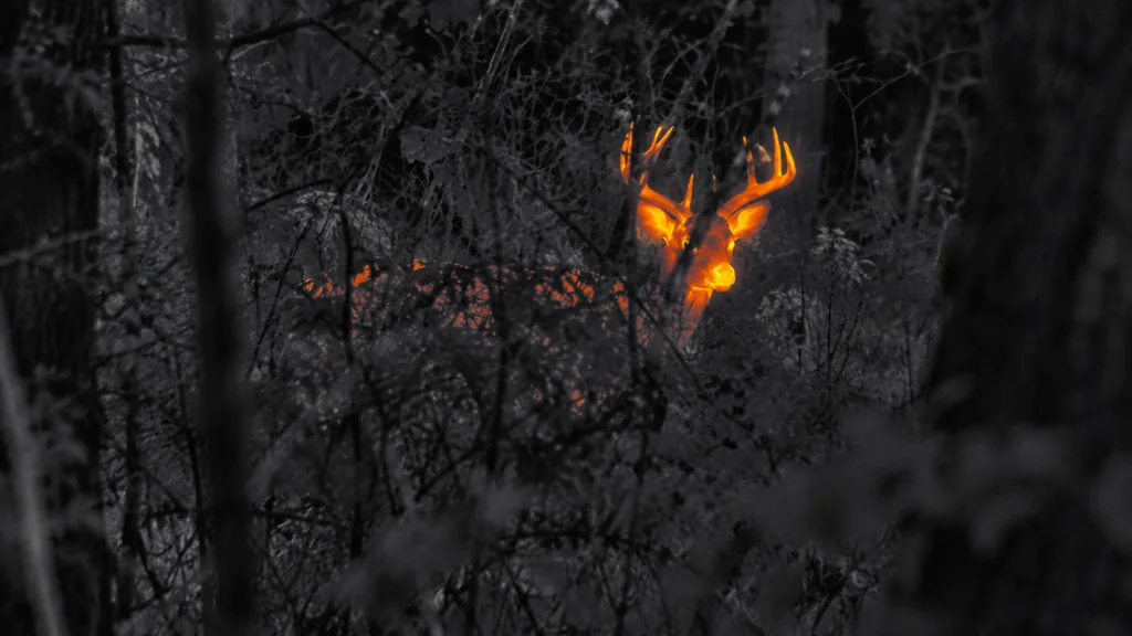 Thermal view of a deer partially obscured by dense vegetation