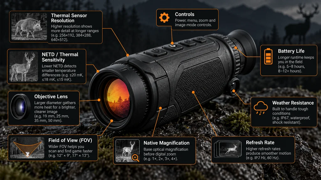 Key features and specifications of a hunting thermal monocular