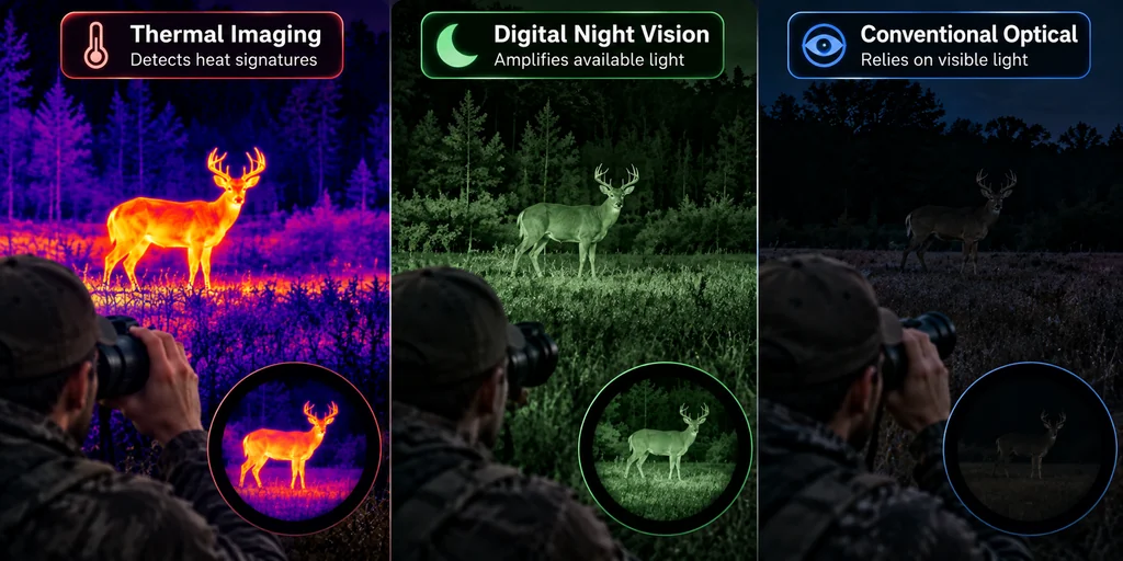 Comparison of thermal imaging, digital night vision and conventional optical viewing