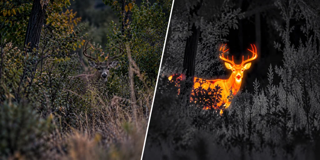 Hunter spotting deer with a thermal monocular at dusk
