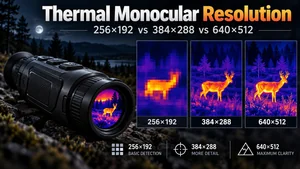 Thermal monocular resolution comparison showing 256×192, 384×288 and 640×512 image detail