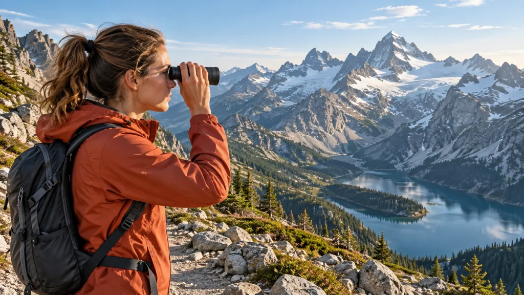 Hiker using a compact optical monocular on an alpine trail above a mountain lake.