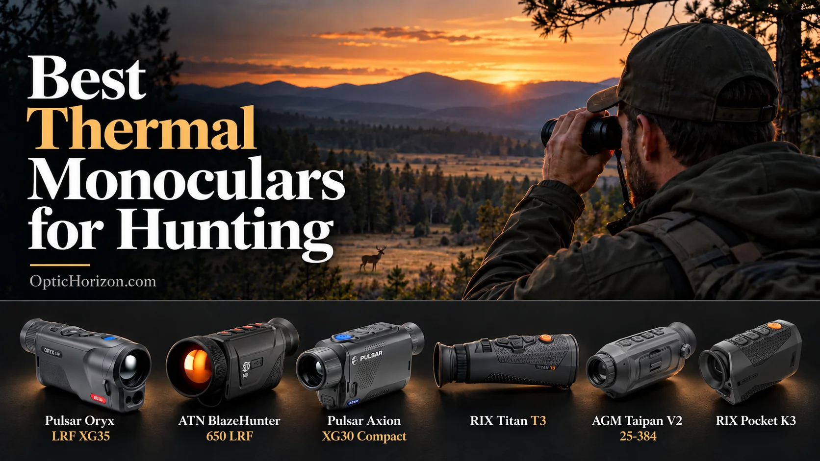Six thermal monoculars displayed beneath a hunter scanning a meadow at sunset.