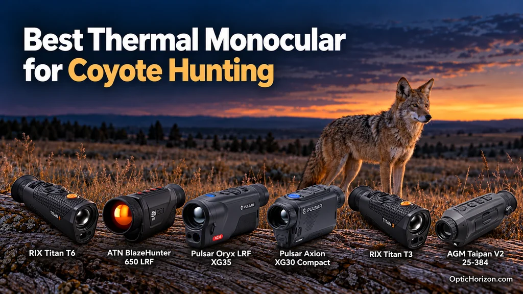 Illustration of six thermal monoculars beside a coyote in a field at dusk